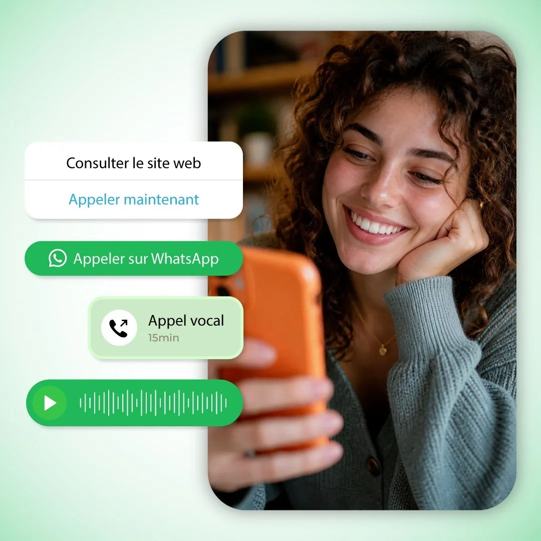 Smiling customer choosing “Call on WhatsApp” on her phone