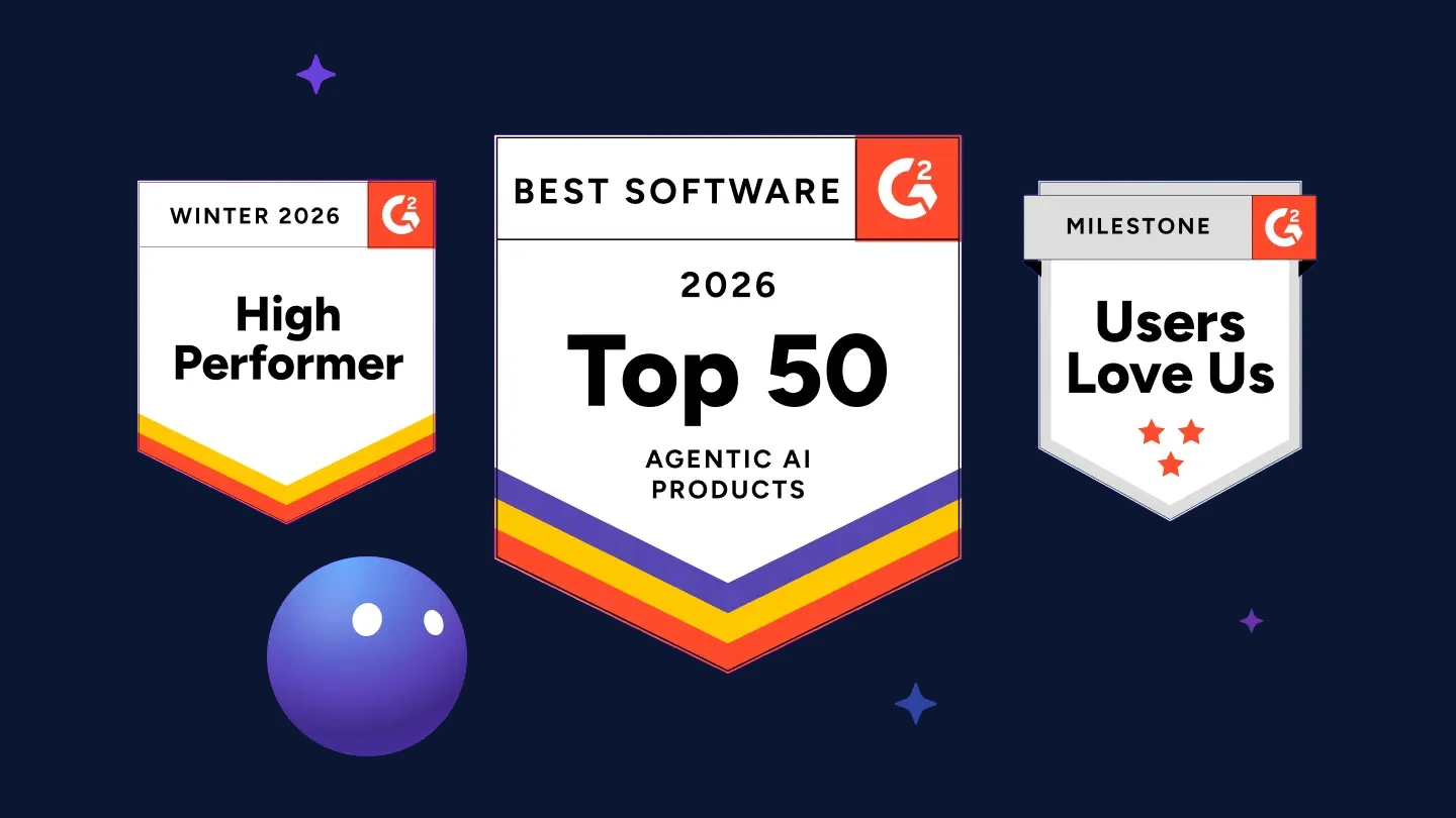 G2 2026 badges: High Performer Winter 2026, Top 50 Agentic AI Products, Users Love Us