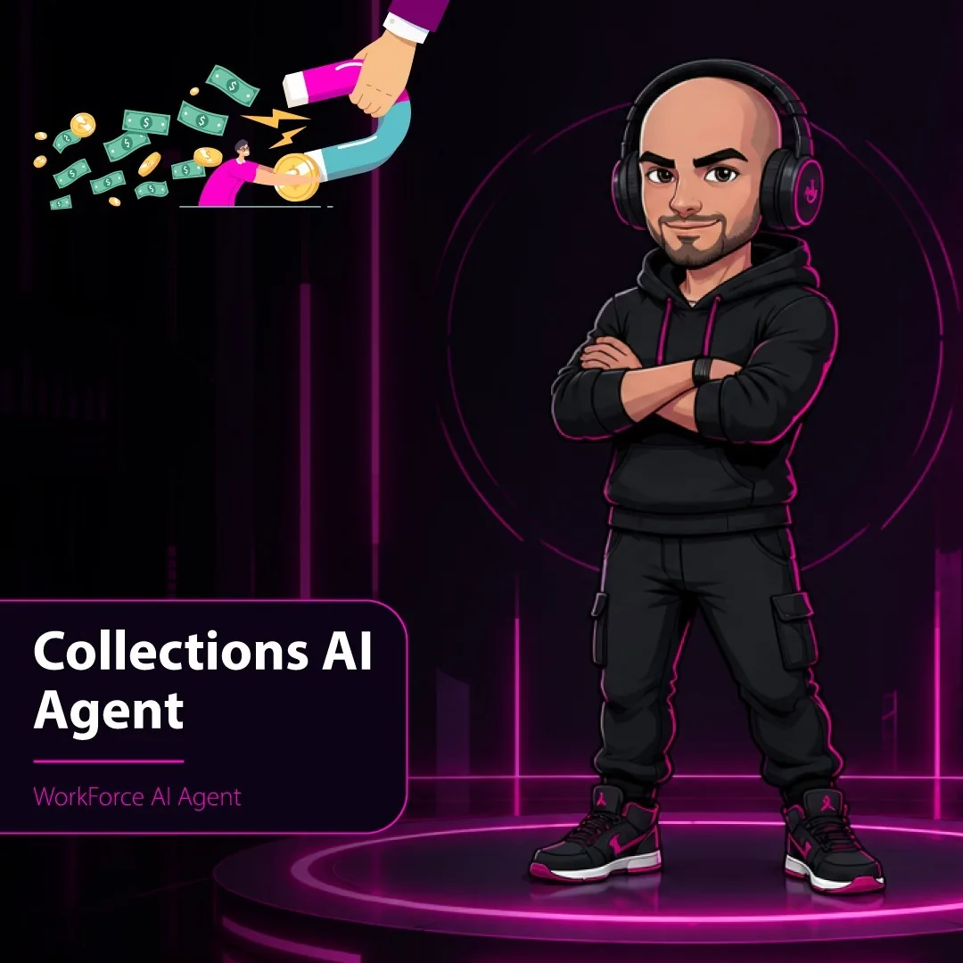 Vocalcom AI Workforce collections AI agent: an avatar wearing a headset next to a magnet pulling in payments